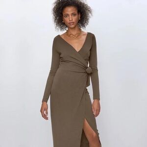 Babaton Olive Green Wrap Midi Dress